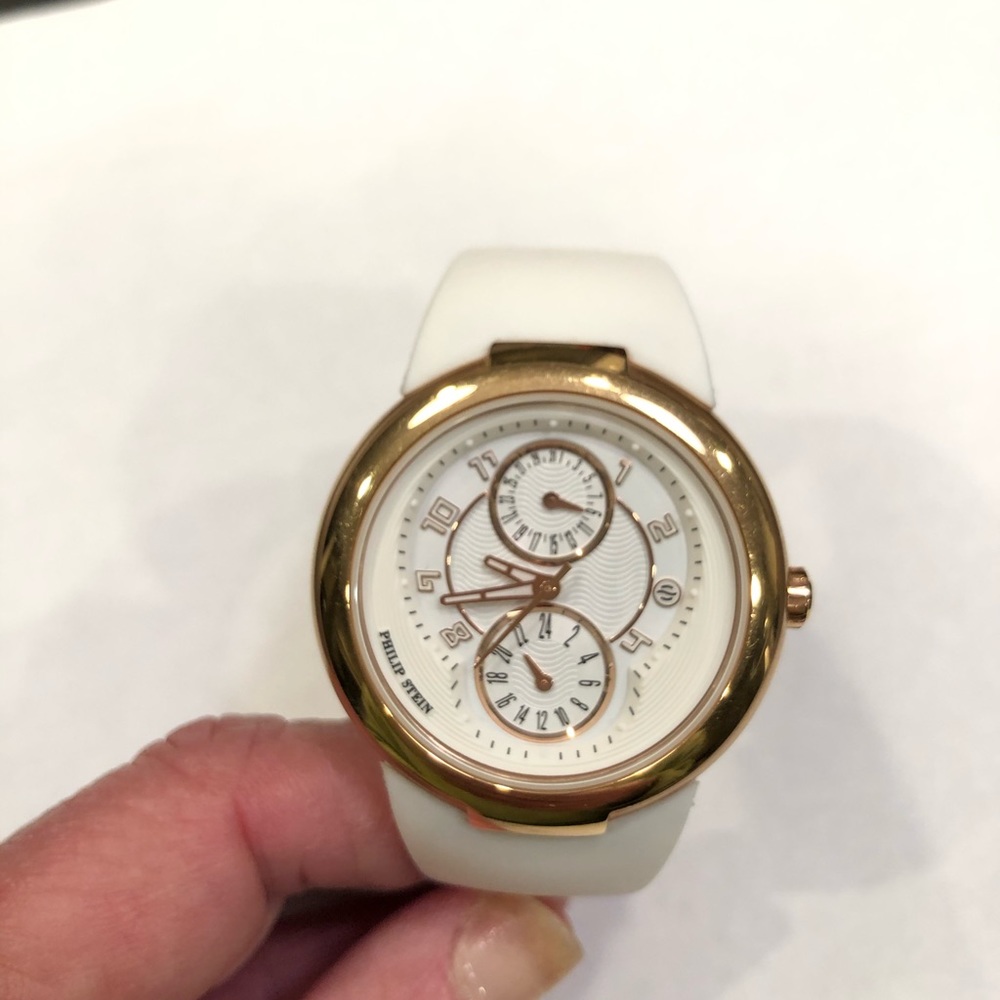 Lds Philip Stein Round Gold/Rose Case Watch White Band, Preowned, EUC, NO BOX
